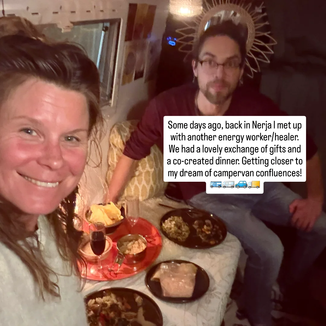 Anton and his friend having dinner in her van